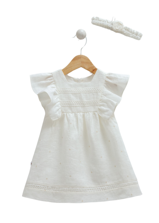 Cream Linen Dress with Ruffles at the Sleeves 9786 Mell Sweet Baby