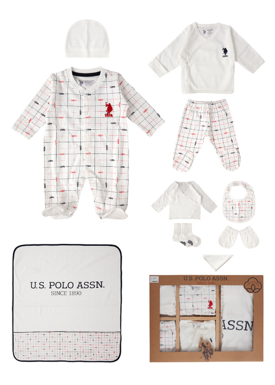 Set 10 Piese pentru Maternitate Crem cu Carouri Rosu cu Bleumarin 1811 V1 Us Polo Assn