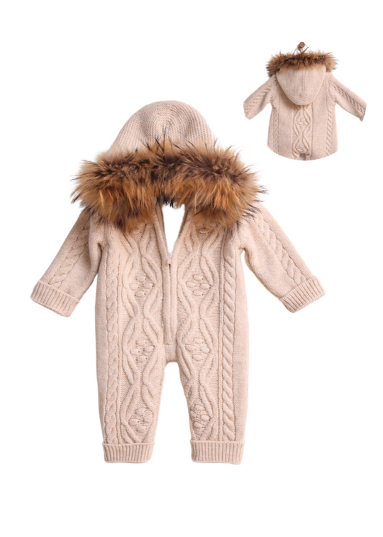 Beige Merino Wool Jumpsuit with Fur Hood and Zipper 9416 Leo King