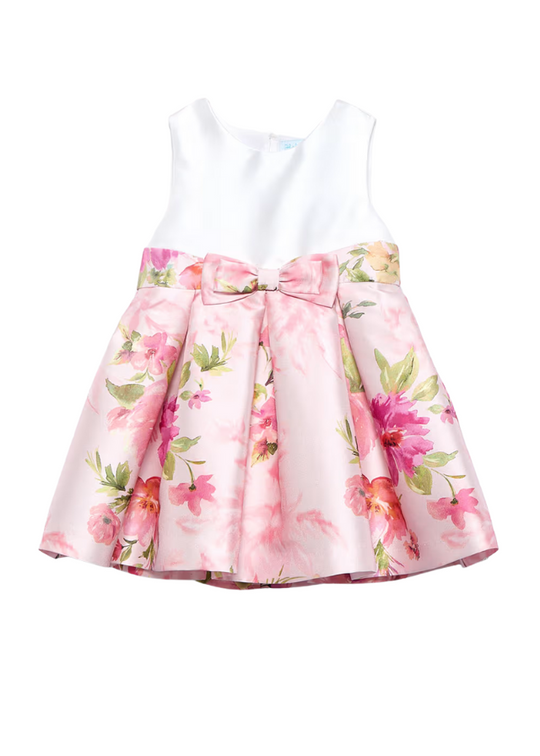 Cream Taffeta Dress with Pink Floral Print Skirt and Bow at Waist 5030 Abel & Lula