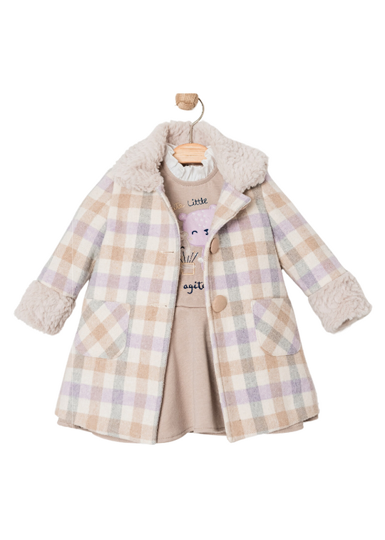 Set Beige Dress and Beige Plaid Coat with Salmon with Eco Fur Collar 15329 Bebus