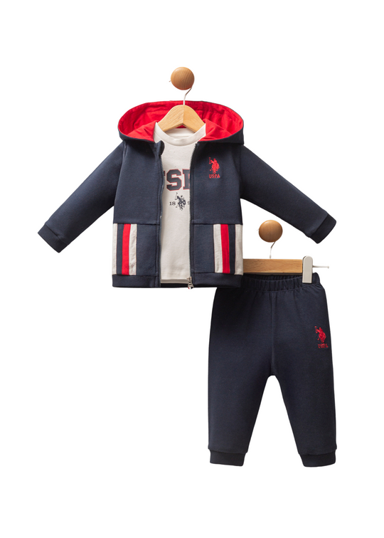 Set 3 Piese Bleumarin Jacheta cu Capse Pantaloni Lungi si Bluza Crem USB2537 Us Polo Assn