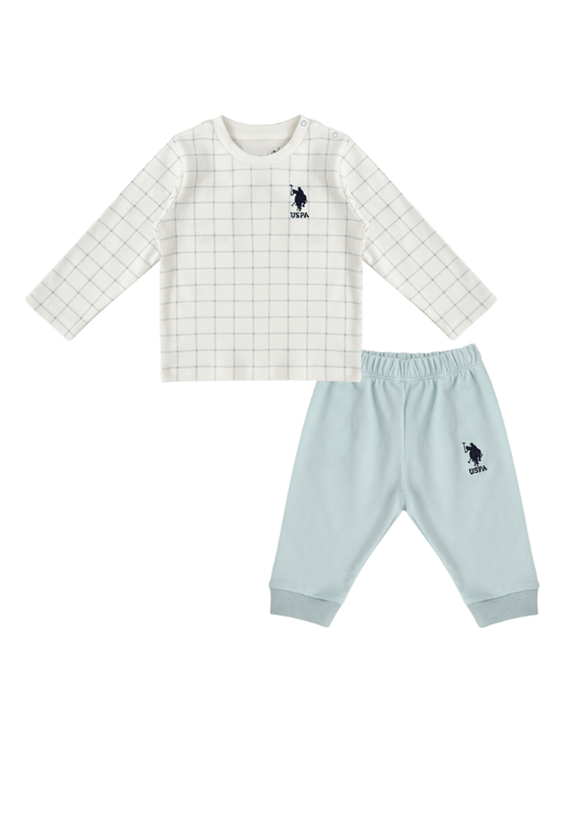 Set 2 Piese, Bluza Crem cu Patratele Maneca Lunga si Pantaloni Lungi Bleu 1847 V1 Us Polo Assn