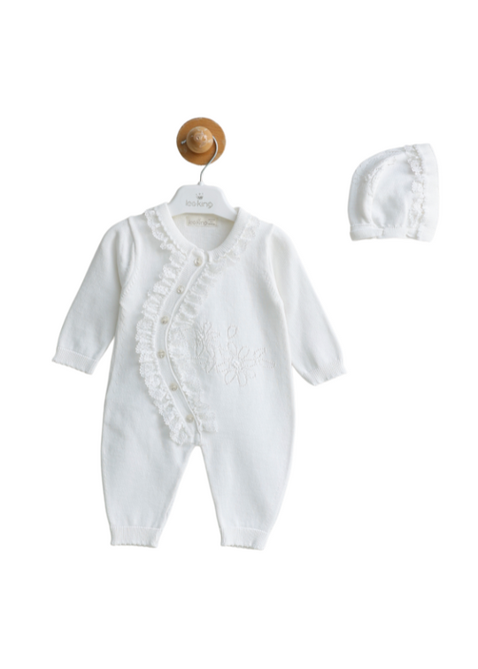 Long White Knitted Jumpsuit with Lace and Flower Pattern and Hat 7427 Leo King