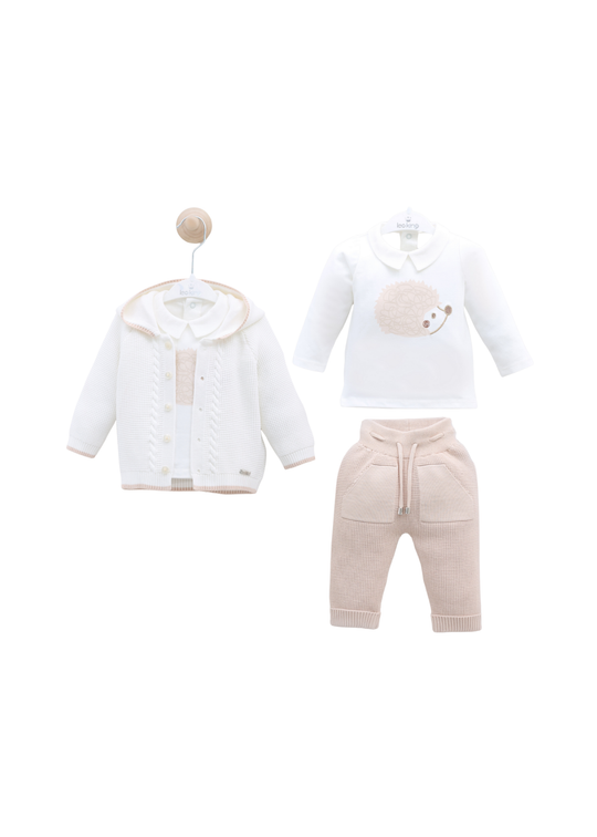 Set 3 Piese Tricotat Alb cu Bej cu Bluza din Bumbac cu Arici 8030 Leo King
