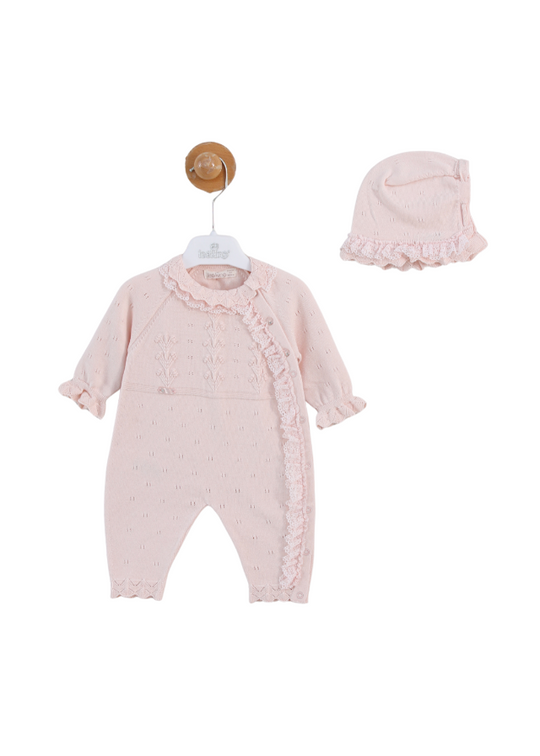 Long Pink Knitted Jumpsuit with Lace and Hat 7421 Leo King
