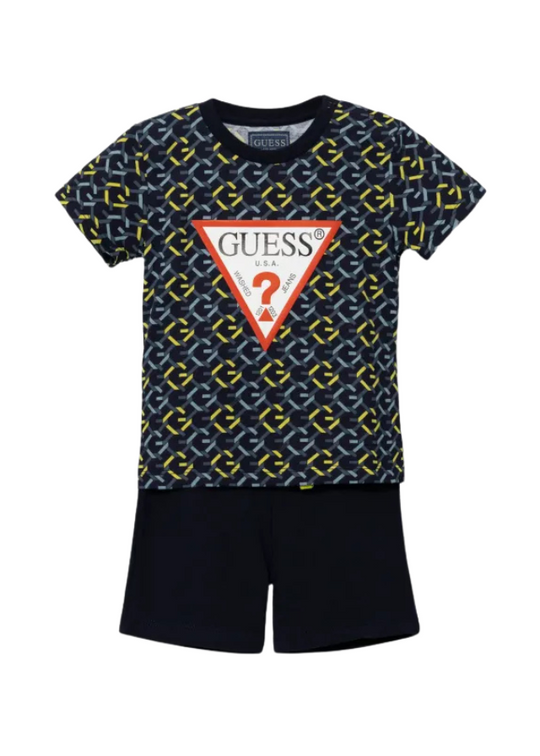 Set 2 Piese Tricou Gri cu Imprimeu G Chain Lime si Pantaloni Scurti Gri I5RG08 K8HM4 PU74 Guess