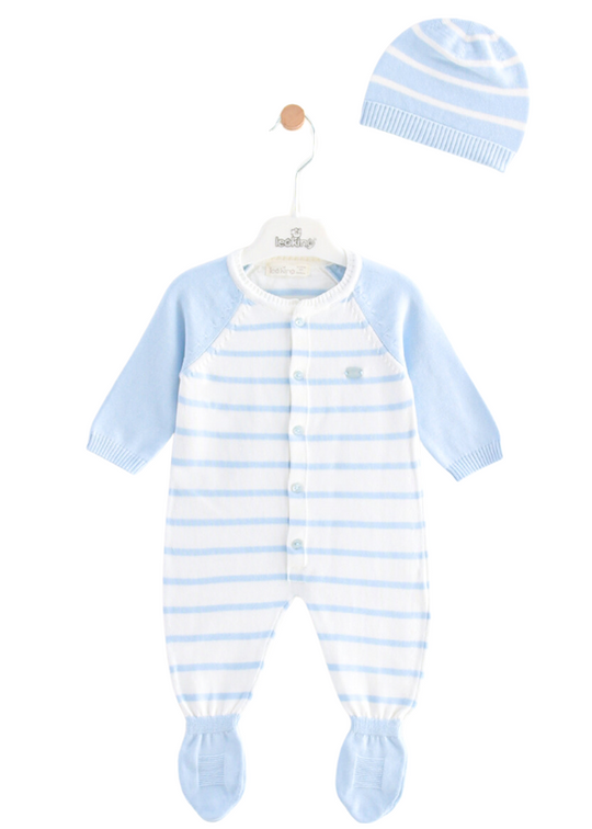 Long white knitted jumpsuit with blue stripes 7408 Leo King