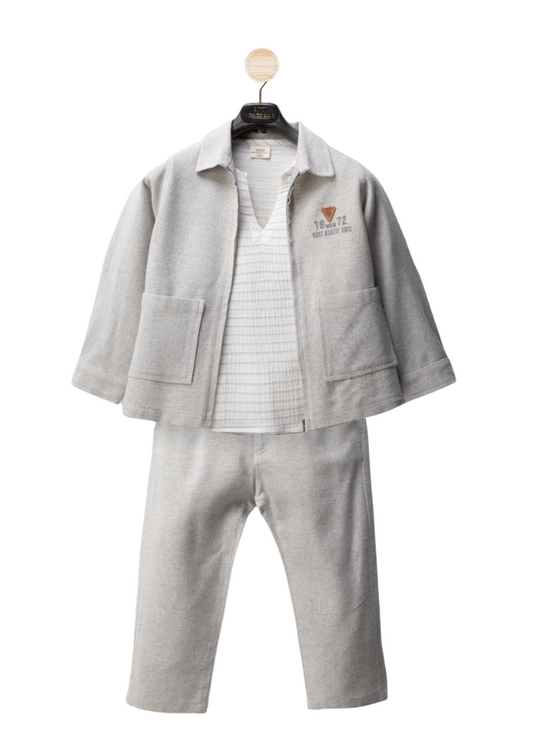 3 Piece Set Grey Jacket and Long Pants and Cream Short Sleeve Blouse M54173 Midimod Gold
