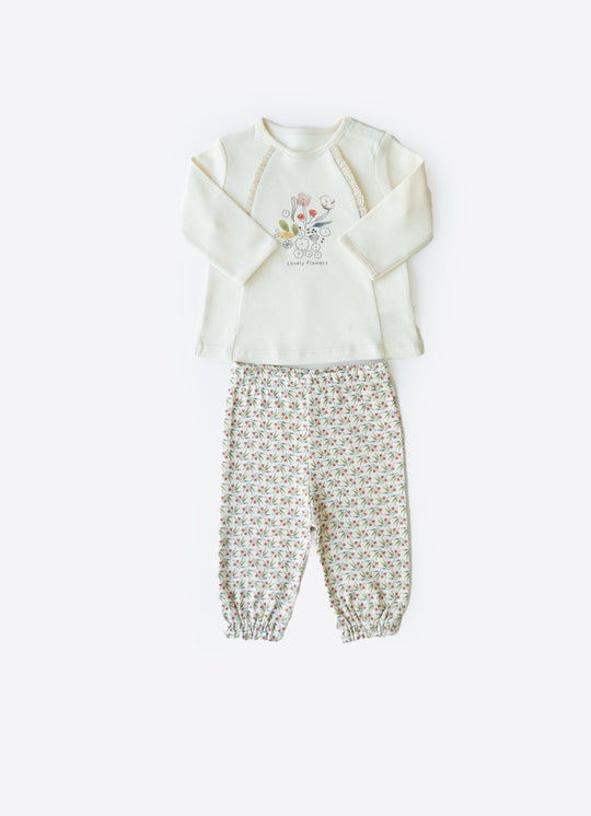 2 Piece Set Organic Cotton Beige Blouse With Cotton Lace & Green Print Pants Girls S58621 KityKate