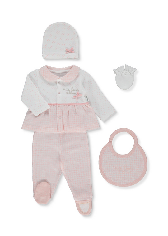 5 Piece Set Newborn White with Pink Squares Plaid Swan Z944 Bebetto