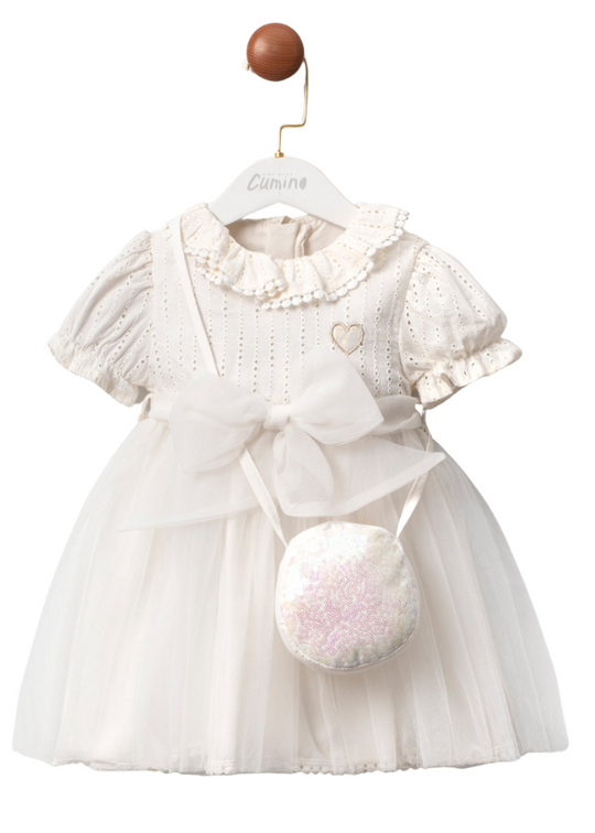 Cream Ceremony Dress with Bust in Cotton Lace and Tulle Skirt 3434 Mino Baby
