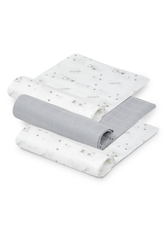 Set of 3 White Muslin Diapers with Gray Teddy Bear Print 55x70 cm 98978-31 Don Algodon