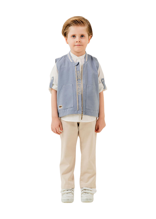 3 Piece Set Cream Shirt with Stripes Blue Vest with Zipper and Beige Long Pants 6569 Hype&Grata