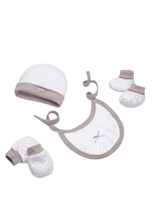 Set 4 Pieces Newborn 0-1 month Hat Gloves Boots Bib White-cream SET01-05 Don Algodon