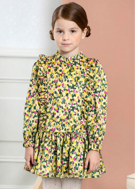 Girls Yellow Long Sleeve Dress Green and Pink Print 5541 Abel & Lula