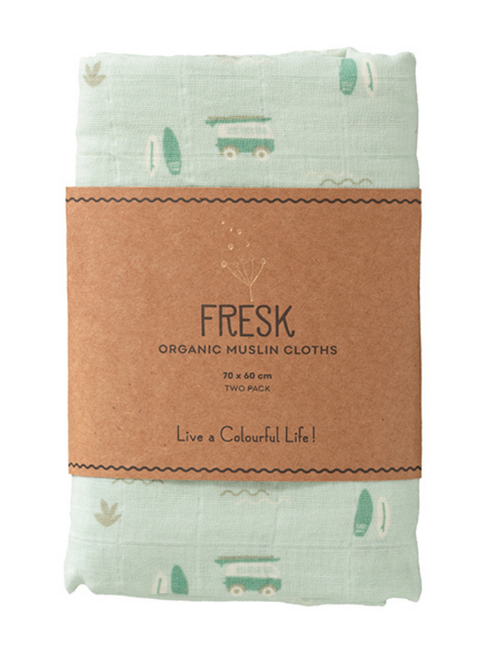 Set 2 Paturici Muselina Verde cu Imprimeu Masinute din Bumbac Organic 70X60 cm F115-11