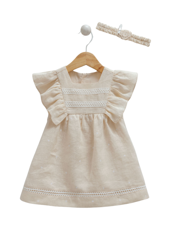 Beige Linen Dress with Ruffles on the Sleeves 9786 Mell Sweet Baby
