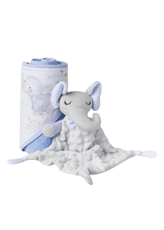 Set of 2 Towel with Capison Doudou Elefant Bleu SET33-01 Don Algodon