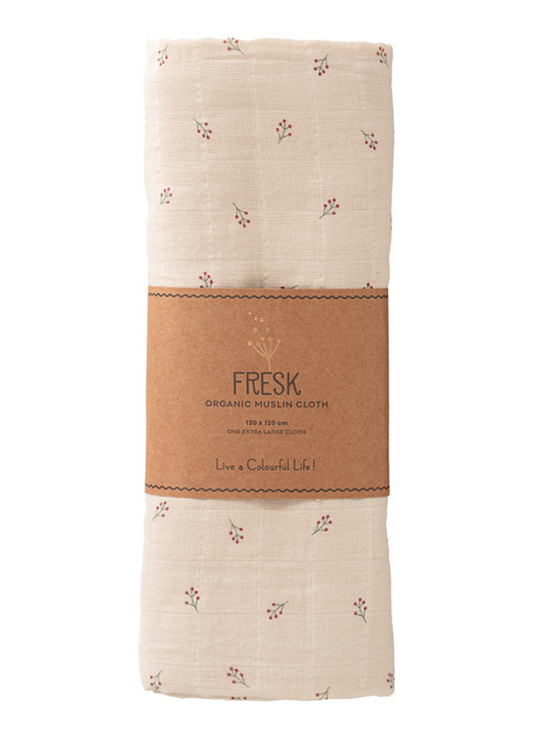 Paturica Muselina din Bumbac Organic Bej cu Imprimeu Floricele 120X120 cm F110-09