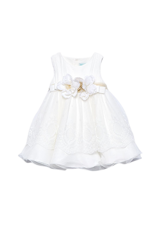 Ivory Sleeveless Ceremony Dress with Lace Embroidery and Cord with Beige Flowers at Waist 5004 Abel & Lula