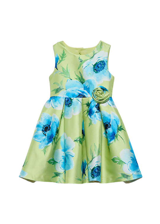 Sleeveless Green Mikado Dress with Blue Flower Print 5069 Abel & Lula