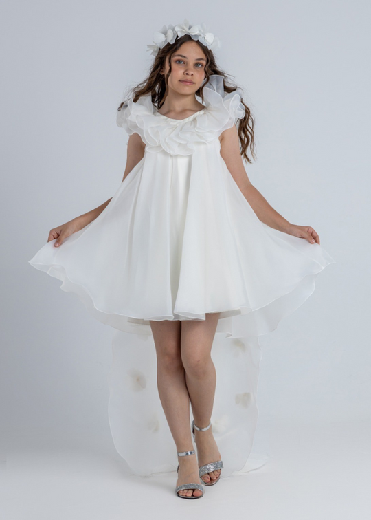 Cream Organza Ceremony Dress with Train and Ruffle on the Shoulders 3038 Mon Princess