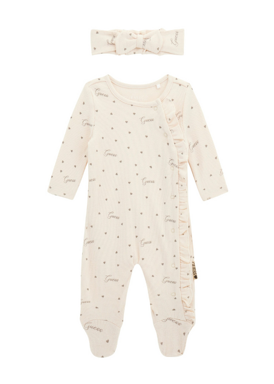Cream Long Jumpsuit with Grey Hearts Print and Headband S5YG11 KBZP4 P05D Guess