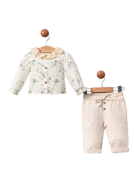 2 Piece Set, Cream Shirt with Green Flower Print and Long Beige Pants 046 MJ Baby