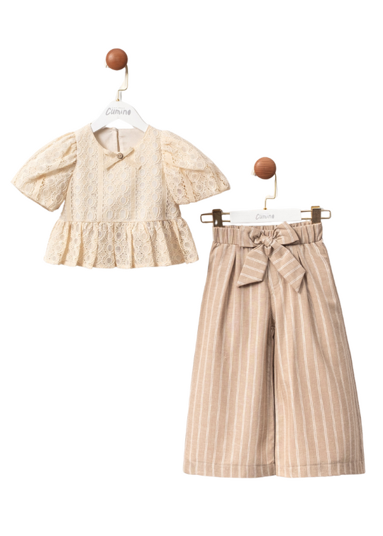 2 Piece Set, Beige Lace Top and Long Beige Wide Pants with Stripes 3433 Mino Baby