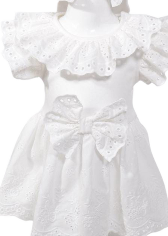 Ivory Cotton Embroidery Dress with Ruffle at Collar and Bow at Waist M0667 Connie Baby