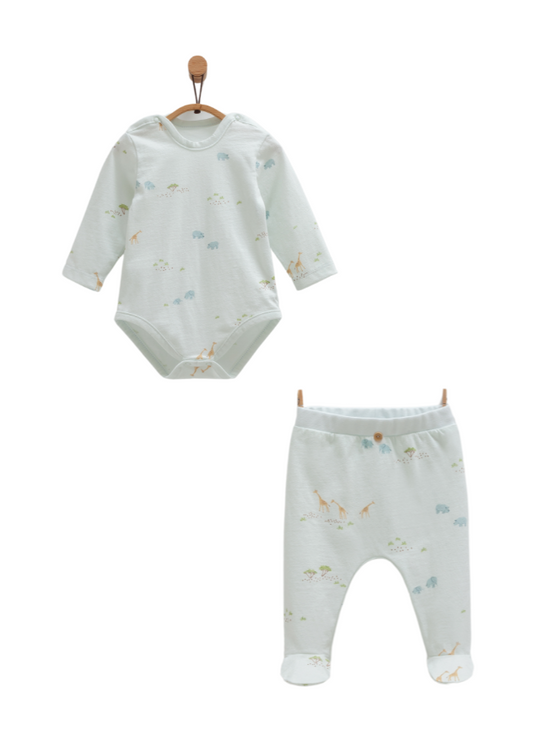 Long Sleeve Bodysuit and Blue Pants Set with Safari Time Animals BPE1821 Mell Sweet Baby