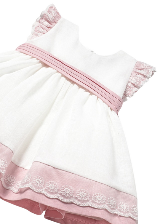 Sleeveless Cream Cotton Linen Dress with Pink Lace 1908 Mayoral