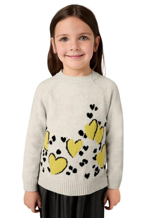 Beige Knitted Combined Dress with Yellow Hearts Black Pleated Skirt 4925 col 54 Mayoral