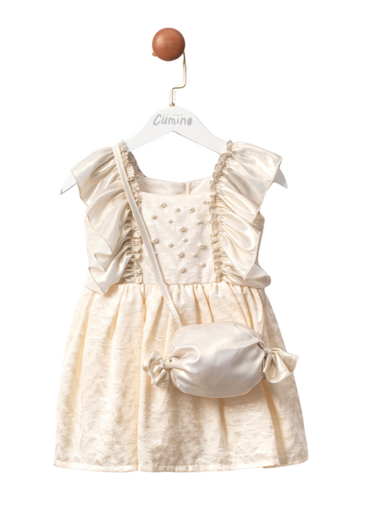 Shiny Brocade Beige Dress with Pearls on the Bust and Bag 3442 Mino Baby