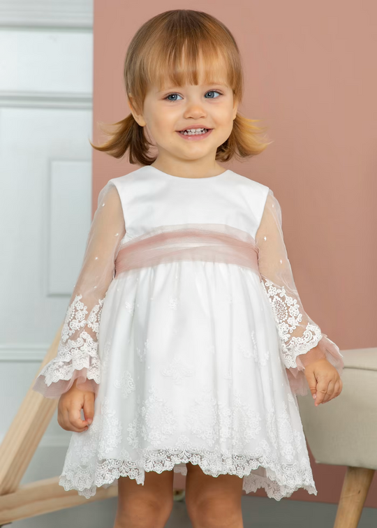 Girls Ivory Tulle Long Sleeve Dress with Embroidered Lace and Pink Cord 5501 Abel & Lula