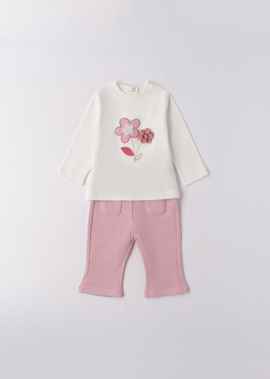 Set 2 Piese Fetite Bluză Crem Maneca Lunga Floare Pantaloni Lungi Pepit Roz 4.F121/00 iDO