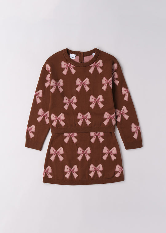 Set  Fete 2 Piese Tricotat Bluza Si Fusta Maro Cu Funde Roz 4.F341/00 iDO