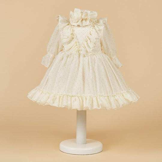 AnneBebe Girls' Elegant Cream Dress with Golden Picks