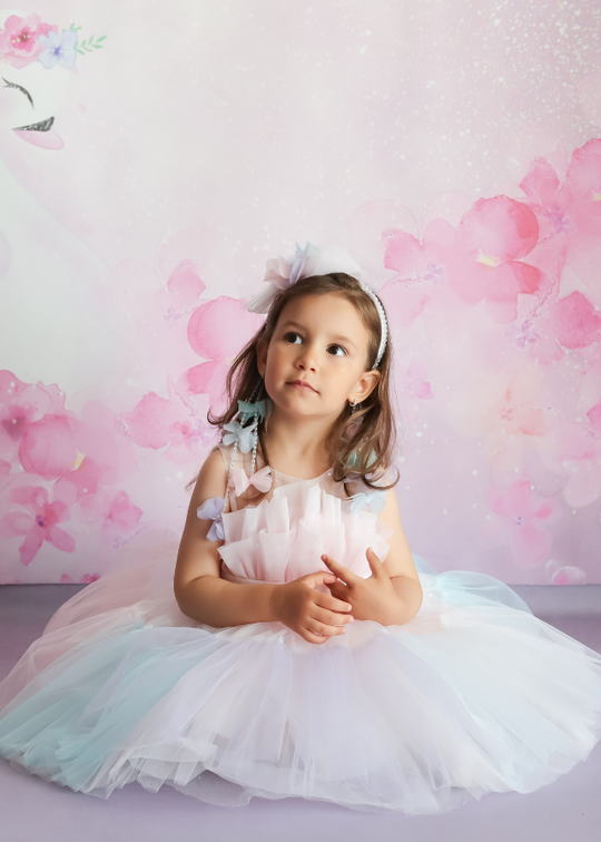 Ceremony Dress in Pink Tulle with Polka Dots and Multicolor Ruffle 2970 Mon Princess