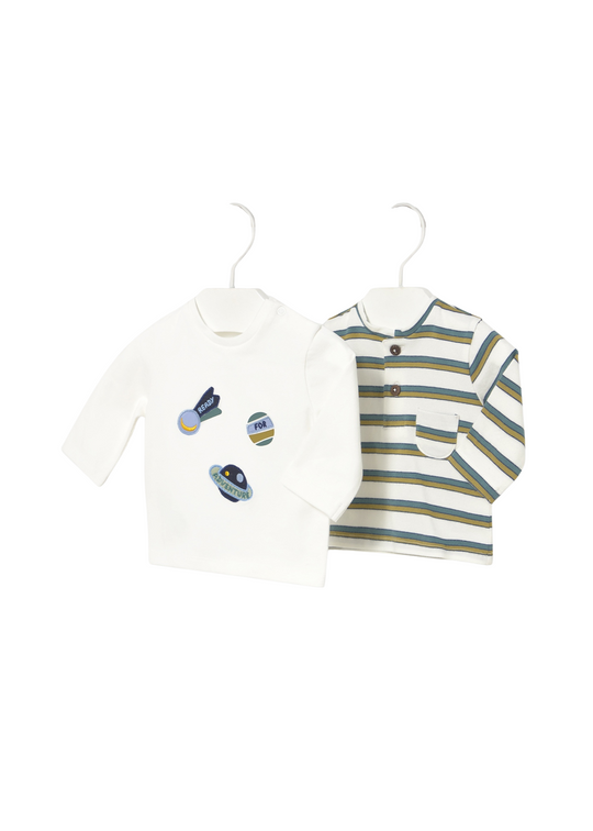 Set of 2 Long Sleeve Blouses Cream with Green Stripes and Planets 2056 Mayoral