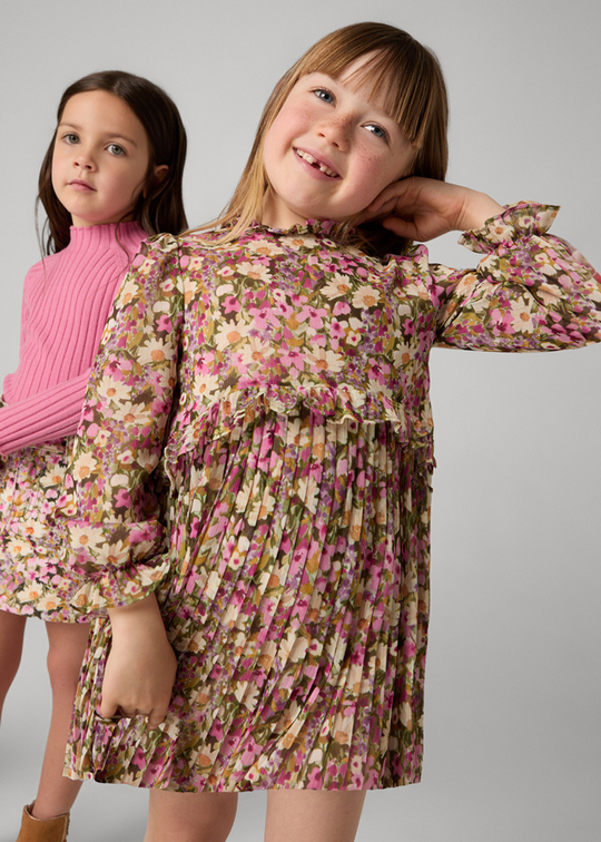 Dress with long sleeves frieze and cream flowers with pleats 4913 Mayoral