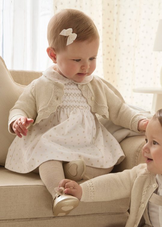 Long sleeve cream velvet dress with gold polka dots 2804 Mayoral