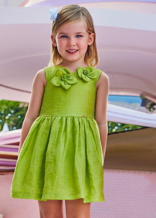 Green Linen Dress with Viscose with Flowers in Relief 3916 Mayoral