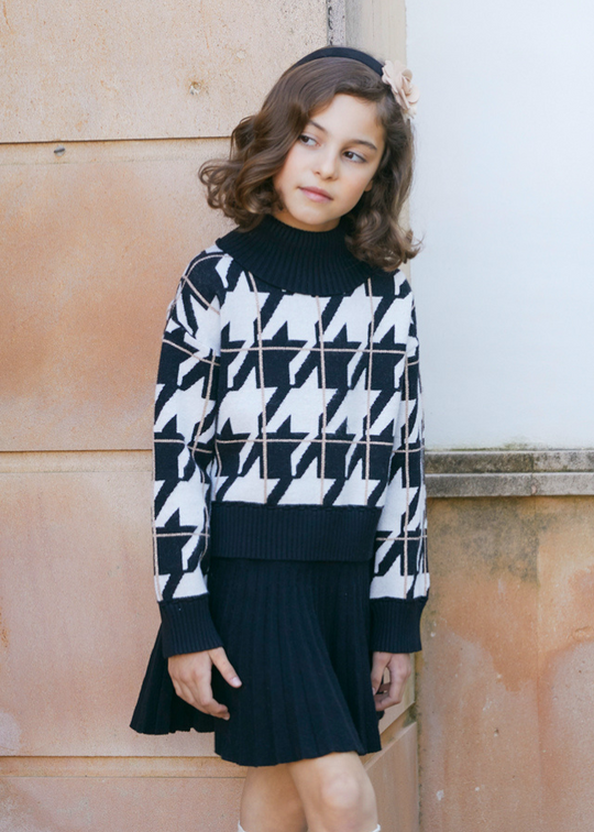 Set of 2 White and Black Knitted Sweater and Pleated Black Skirt 5547 Abel & Lula