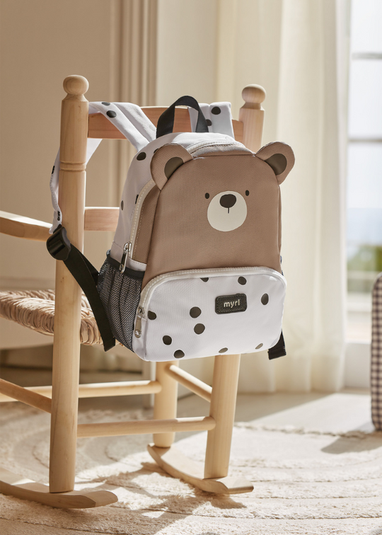 Brown Kindergarten Backpack with Black Polka Dots and Bear 19283 Mayoral