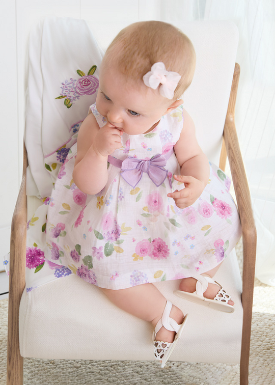 Ivory Linen Dress with Purple Flower Print 1819 Mayoral