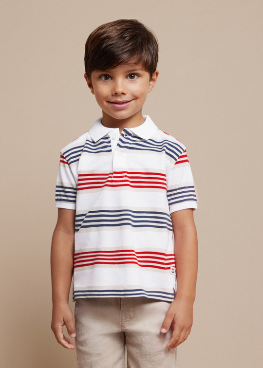 Tricou Polo Alb cu Maneca Scurta cu Dungi Rosii si Albastre 3108 Mayoral