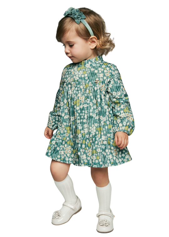 Green Velvet Dress with Long Sleeves and Pleats Flower Print 2923 col 64 Mayoral