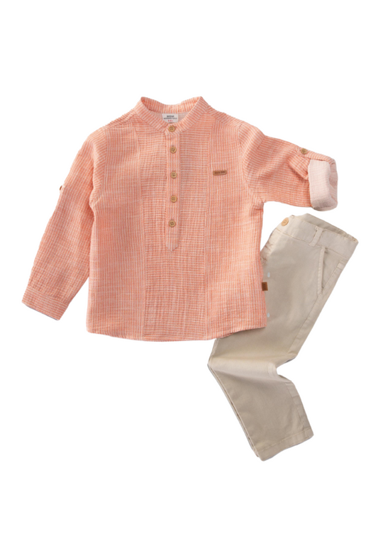 Набір з 2 предметів, сорочка лососевого кольору з козацьким коміром і бежеві довгі штани M54132 Midimod Gold